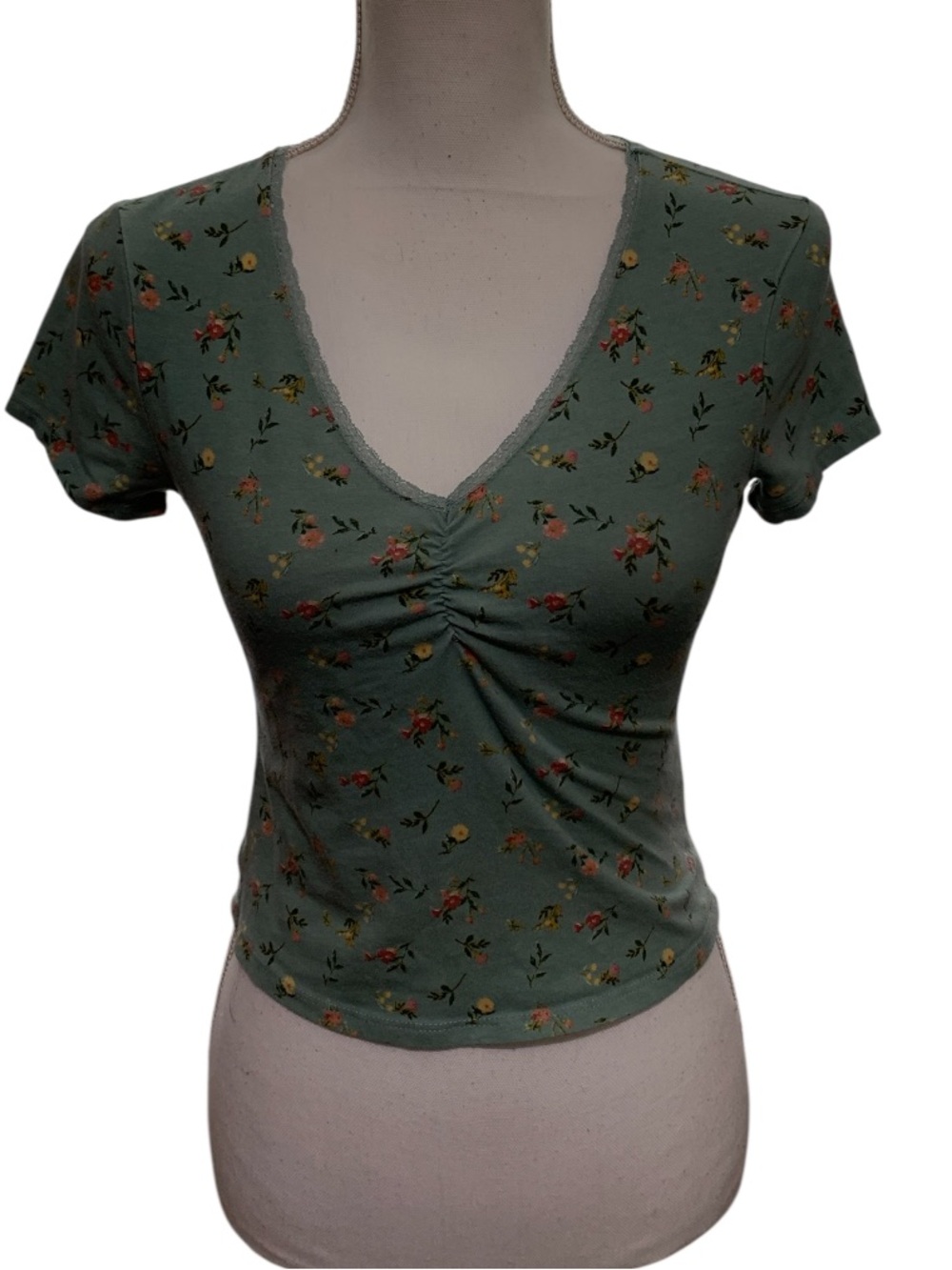 Belle Du Jour Sage Green Floral Ruched V-Neck Crop Top